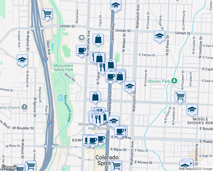 map of restaurants, bars, coffee shops, grocery stores, and more near 130 East Monument Street in Colorado Springs