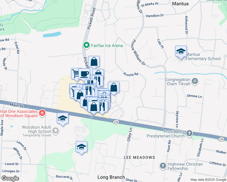map of restaurants, bars, coffee shops, grocery stores, and more near 3680 Persimmon Circle in Fairfax