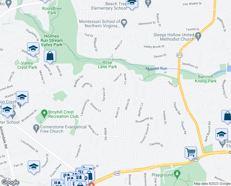 map of restaurants, bars, coffee shops, grocery stores, and more near 6903 Fern Lane in Annandale