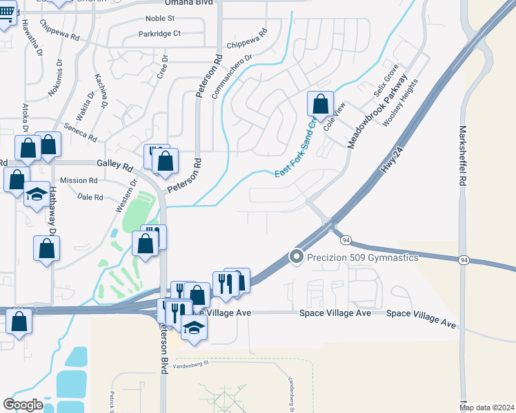 map of restaurants, bars, coffee shops, grocery stores, and more near 7061 Boreal Drive in Colorado Springs