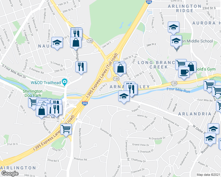 map of restaurants, bars, coffee shops, grocery stores, and more near 2727 South Cleveland Street in Arlington