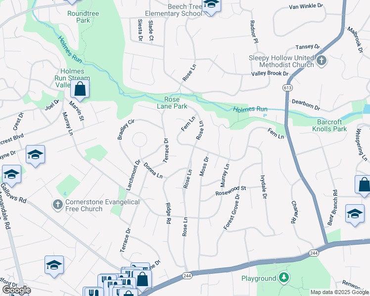 map of restaurants, bars, coffee shops, grocery stores, and more near 6903 Fern Lane in Annandale