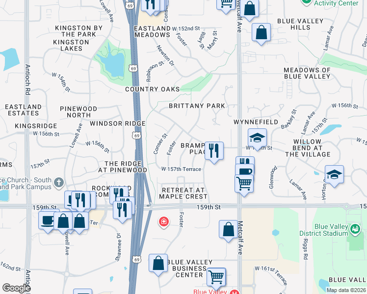 map of restaurants, bars, coffee shops, grocery stores, and more near 15622 Riley Street in Overland Park