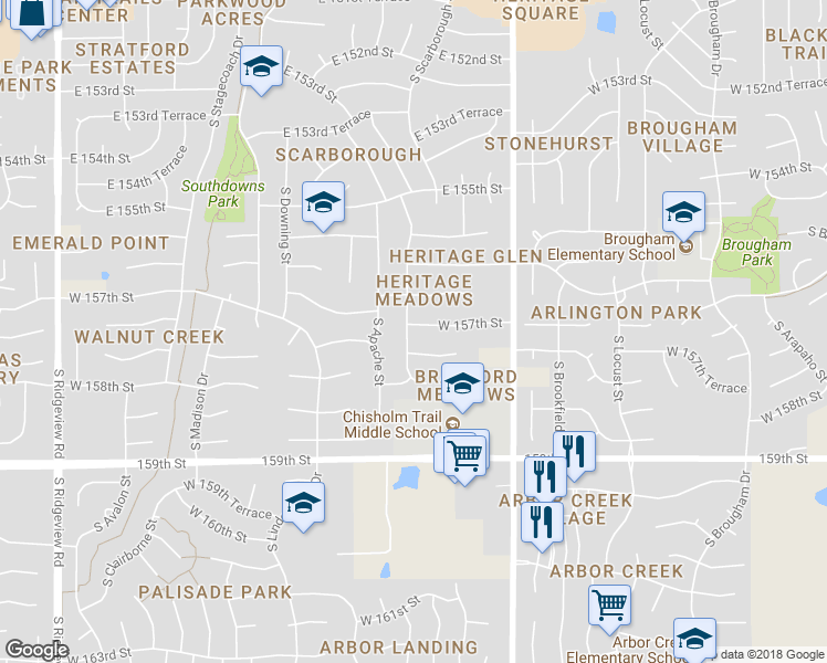 map of restaurants, bars, coffee shops, grocery stores, and more near 16789 West 157th Street in Olathe