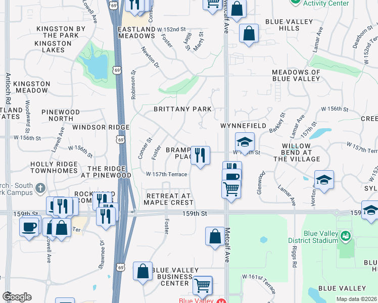 map of restaurants, bars, coffee shops, grocery stores, and more near 7309 W 156th St in Overland Park