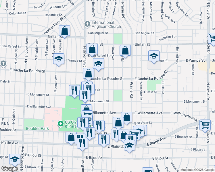map of restaurants, bars, coffee shops, grocery stores, and more near 808 Swope Avenue in Colorado Springs