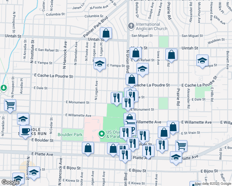 map of restaurants, bars, coffee shops, grocery stores, and more near 728 North Meade Avenue in Colorado Springs