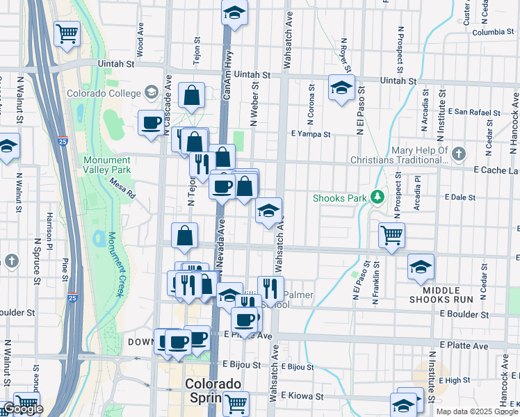 map of restaurants, bars, coffee shops, grocery stores, and more near 314 East Monument Street in Colorado Springs