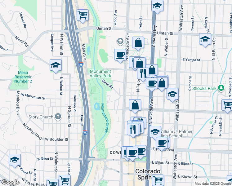 map of restaurants, bars, coffee shops, grocery stores, and more near 10 West Monument Street in Colorado Springs