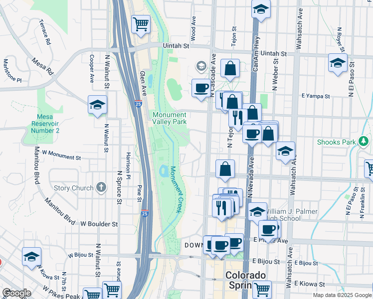 map of restaurants, bars, coffee shops, grocery stores, and more near 10 West Monument Street in Colorado Springs