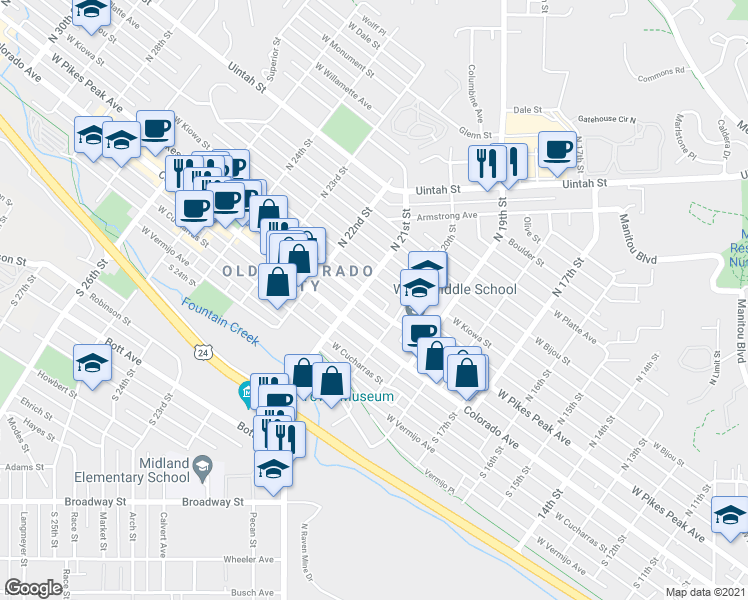 map of restaurants, bars, coffee shops, grocery stores, and more near 2032 West Pikes Peak Avenue in Colorado Springs