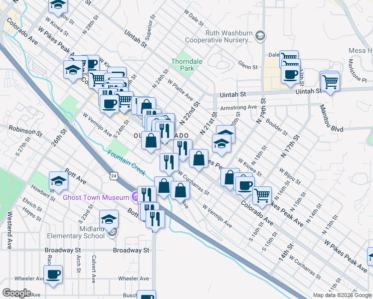 map of restaurants, bars, coffee shops, grocery stores, and more near 2032 West Pikes Peak Avenue in Colorado Springs