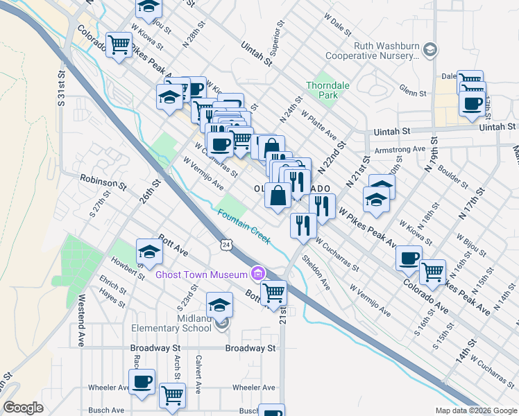 map of restaurants, bars, coffee shops, grocery stores, and more near 209 South 23rd Street in Colorado Springs