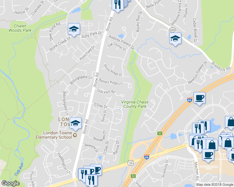 map of restaurants, bars, coffee shops, grocery stores, and more near 14592 Olde Kent Road in Centreville