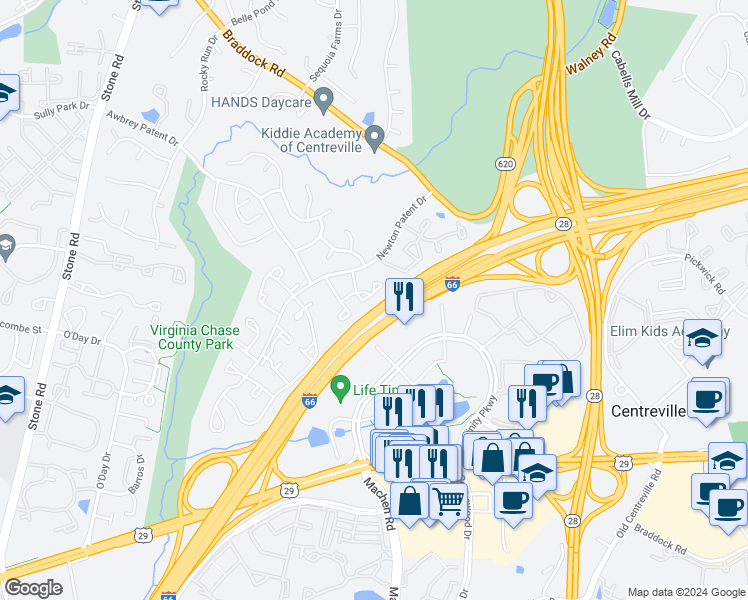 map of restaurants, bars, coffee shops, grocery stores, and more near 14333 Watery Mountain Court in Centreville