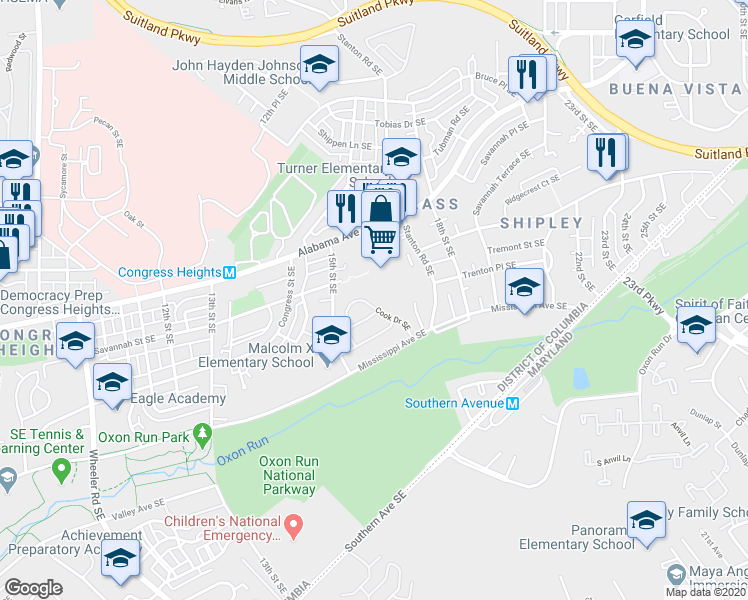 map of restaurants, bars, coffee shops, grocery stores, and more near 1020 Cook Drive Southeast in Washington