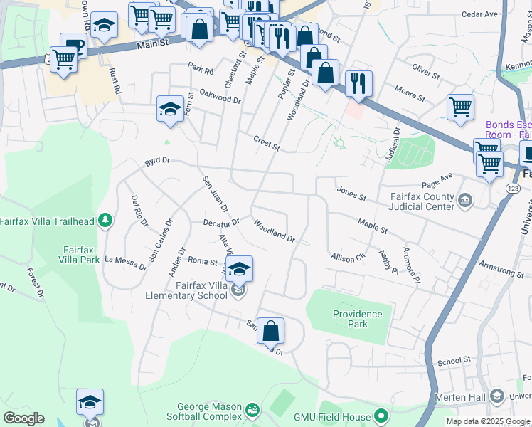 map of restaurants, bars, coffee shops, grocery stores, and more near 10831 Charles Drive in Fairfax