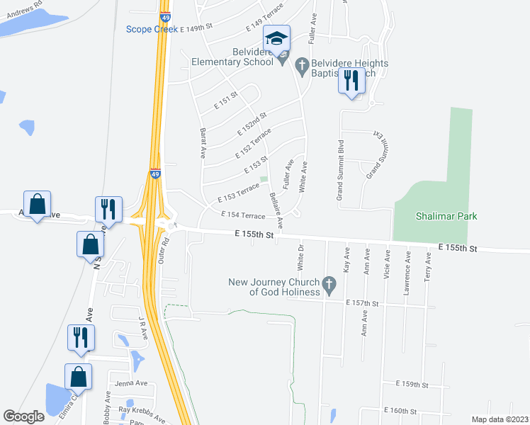 map of restaurants, bars, coffee shops, grocery stores, and more near 6400 East 154 Terrace in Grandview