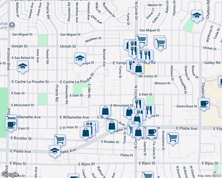 map of restaurants, bars, coffee shops, grocery stores, and more near 820 Rancho Santa Fe Point in Colorado Springs