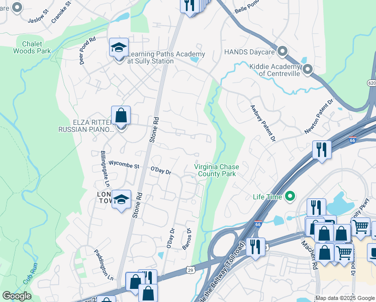 map of restaurants, bars, coffee shops, grocery stores, and more near 14592 Olde Kent Road in Centreville