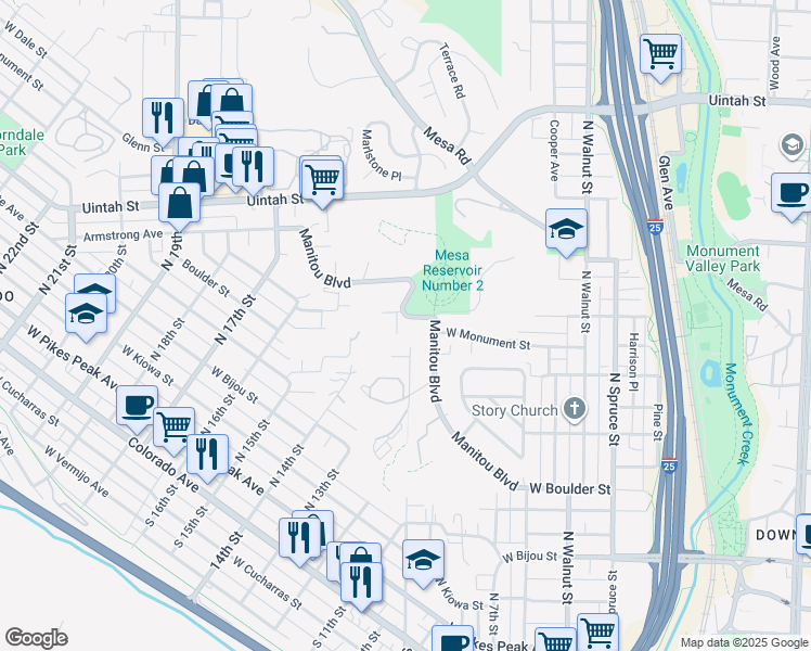 map of restaurants, bars, coffee shops, grocery stores, and more near 880 Manitou Boulevard in Colorado Springs