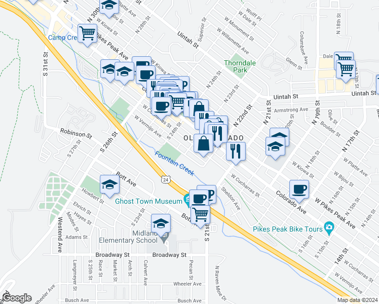 map of restaurants, bars, coffee shops, grocery stores, and more near 209 South 23rd Street in Colorado Springs