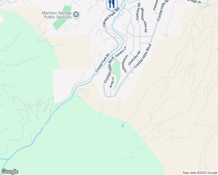 map of restaurants, bars, coffee shops, grocery stores, and more near 6 Kreg Lane in Manitou Springs