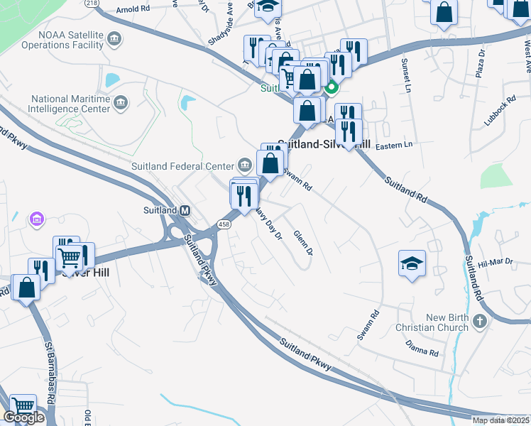 map of restaurants, bars, coffee shops, grocery stores, and more near 3310 Navy Day Drive in Suitland-Silver Hill