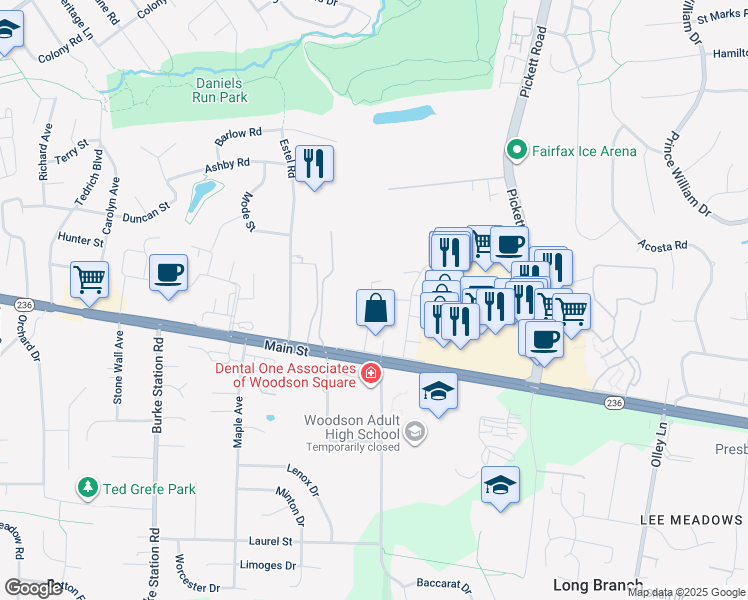 map of restaurants, bars, coffee shops, grocery stores, and more near 3897 Wilcoxson Drive in Fairfax