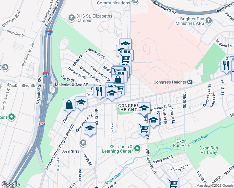 map of restaurants, bars, coffee shops, grocery stores, and more near 601 Randle Place Southeast in Washington