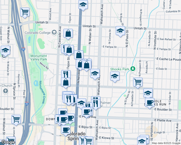 map of restaurants, bars, coffee shops, grocery stores, and more near 711 North Weber Street in Colorado Springs