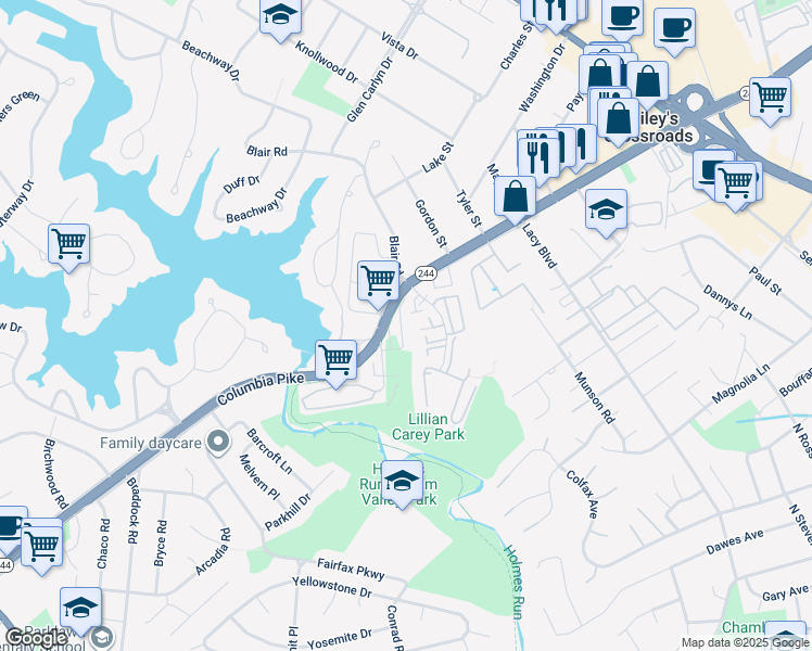 map of restaurants, bars, coffee shops, grocery stores, and more near 3687 Ambrose Hills Road in Falls Church