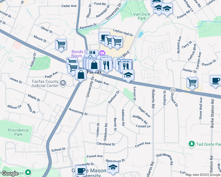 map of restaurants, bars, coffee shops, grocery stores, and more near 4102 Vanderbilt Court in Fairfax