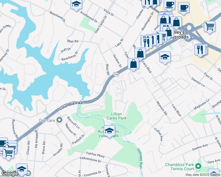 map of restaurants, bars, coffee shops, grocery stores, and more near 3687 Ambrose Hills Road in Falls Church