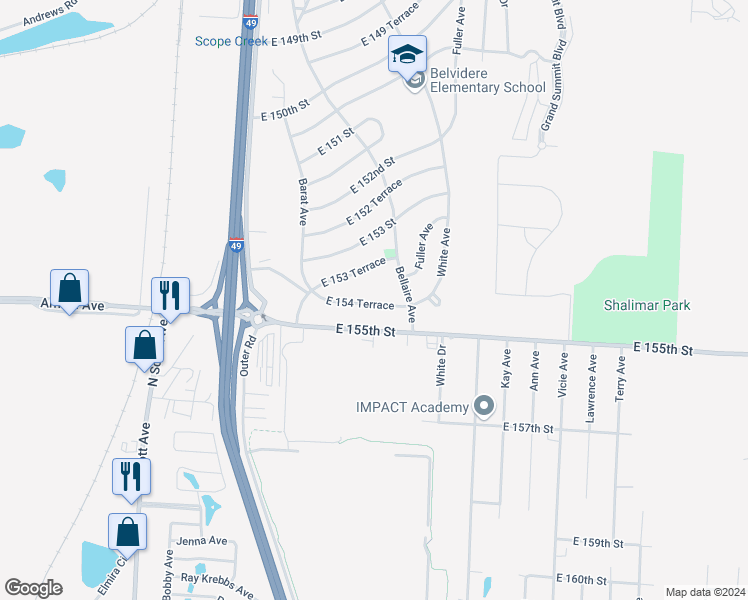 map of restaurants, bars, coffee shops, grocery stores, and more near 6300 East 154 Terrace in Grandview