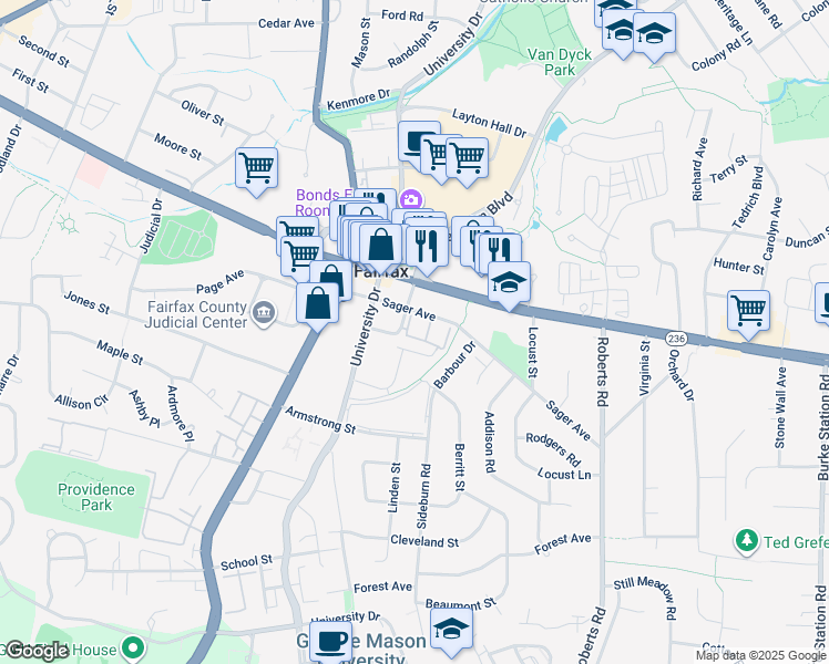 map of restaurants, bars, coffee shops, grocery stores, and more near 4115 Lexington Court in Fairfax