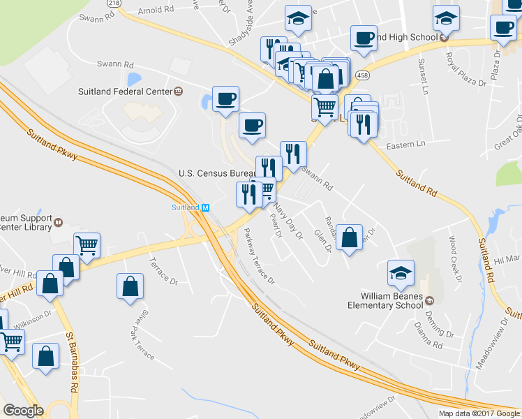 map of restaurants, bars, coffee shops, grocery stores, and more near 4517 Silver Hill Rd in Suitland-Silver Hill