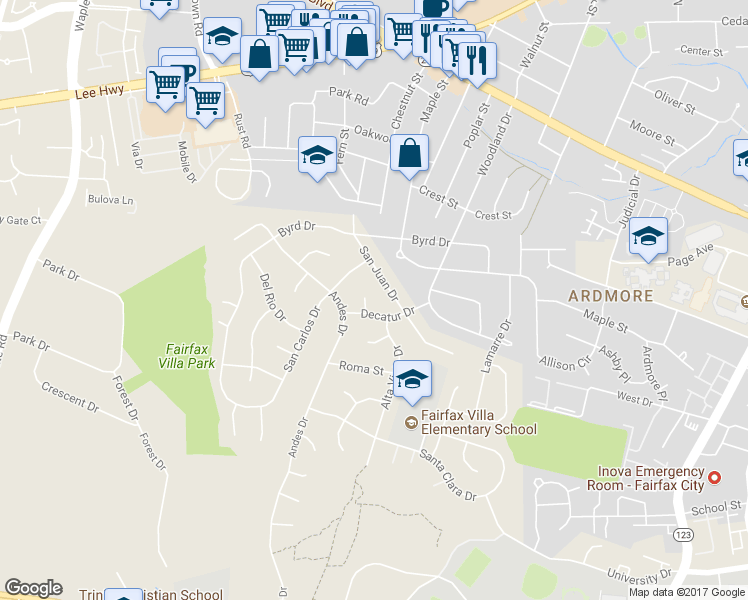 map of restaurants, bars, coffee shops, grocery stores, and more near 4303 Decatur Court in Fairfax
