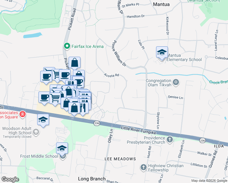 map of restaurants, bars, coffee shops, grocery stores, and more near 3810 Lynn Regis Court in Fairfax