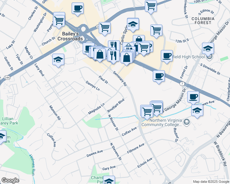 map of restaurants, bars, coffee shops, grocery stores, and more near 5600 Magnolia Lane in Alexandria