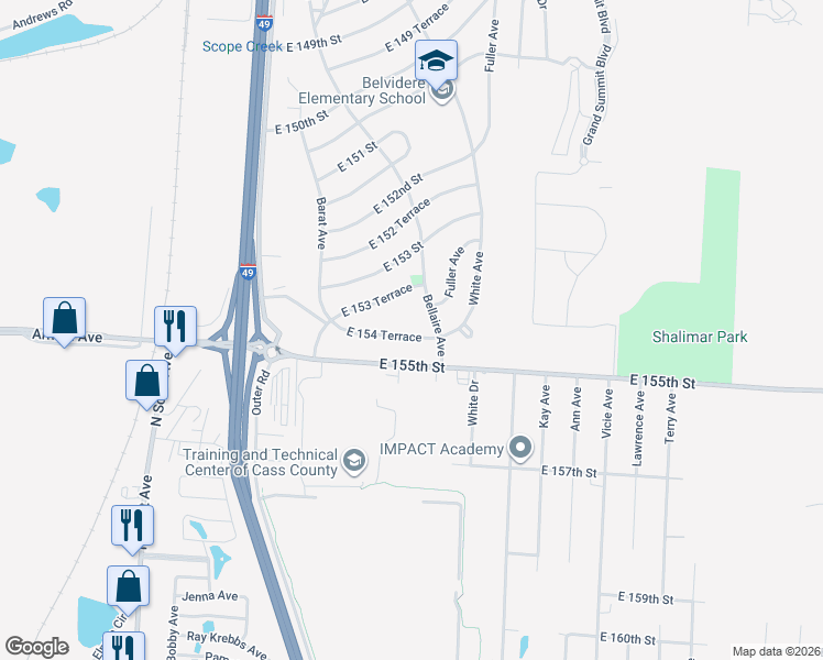 map of restaurants, bars, coffee shops, grocery stores, and more near 6400 East 154 Terrace in Grandview