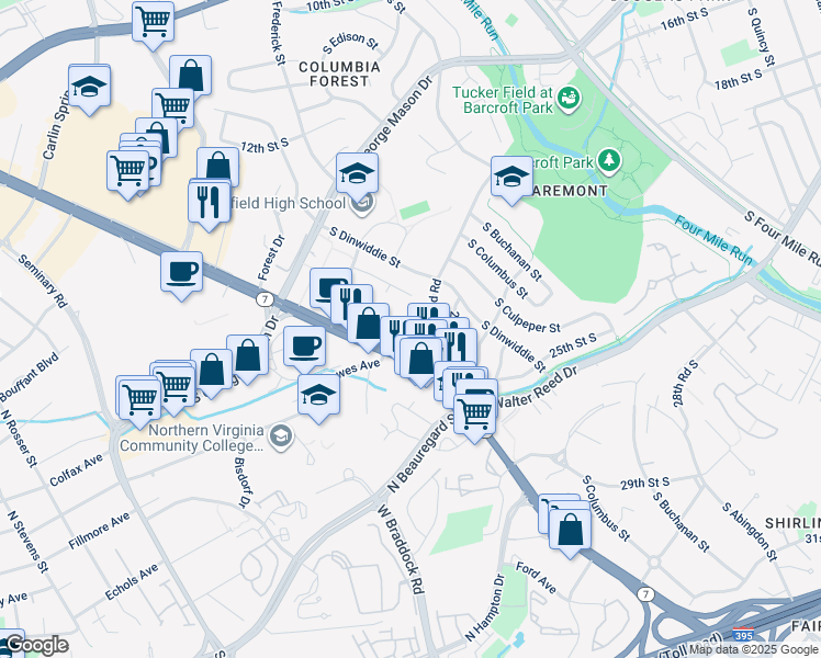 map of restaurants, bars, coffee shops, grocery stores, and more near 5055 South Chesterfield Road in Arlington