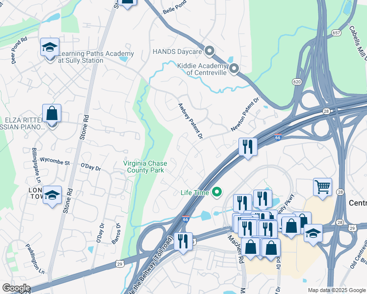 map of restaurants, bars, coffee shops, grocery stores, and more near 14485 Black Horse Court in Centreville