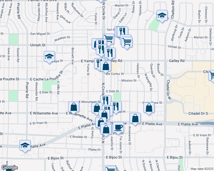 map of restaurants, bars, coffee shops, grocery stores, and more near 807 North Circle Drive in Colorado Springs