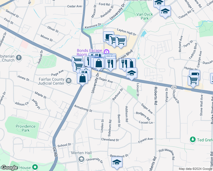 map of restaurants, bars, coffee shops, grocery stores, and more near 4115 Lexington Court in Fairfax