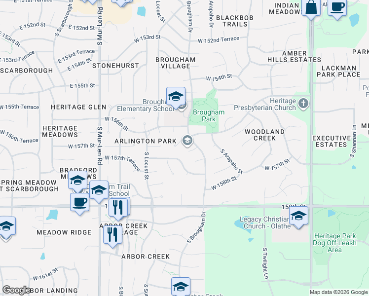 map of restaurants, bars, coffee shops, grocery stores, and more near 16115 West 156th Place in Olathe