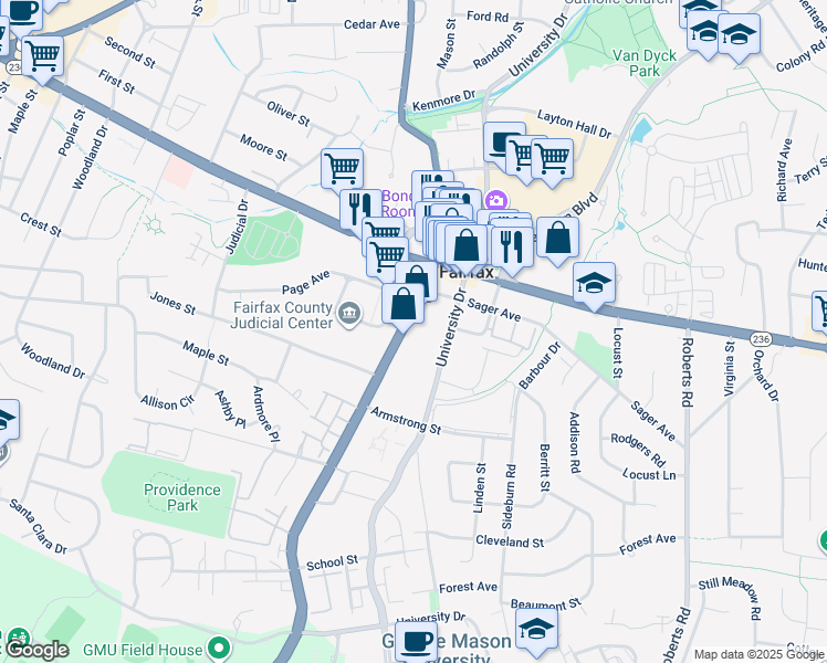 map of restaurants, bars, coffee shops, grocery stores, and more near 4067 Chain Bridge Road in Fairfax