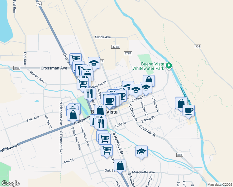 map of restaurants, bars, coffee shops, grocery stores, and more near 201 North Colorado Avenue in Buena Vista