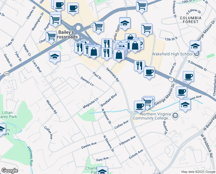 map of restaurants, bars, coffee shops, grocery stores, and more near 5600 Magnolia Lane in Alexandria