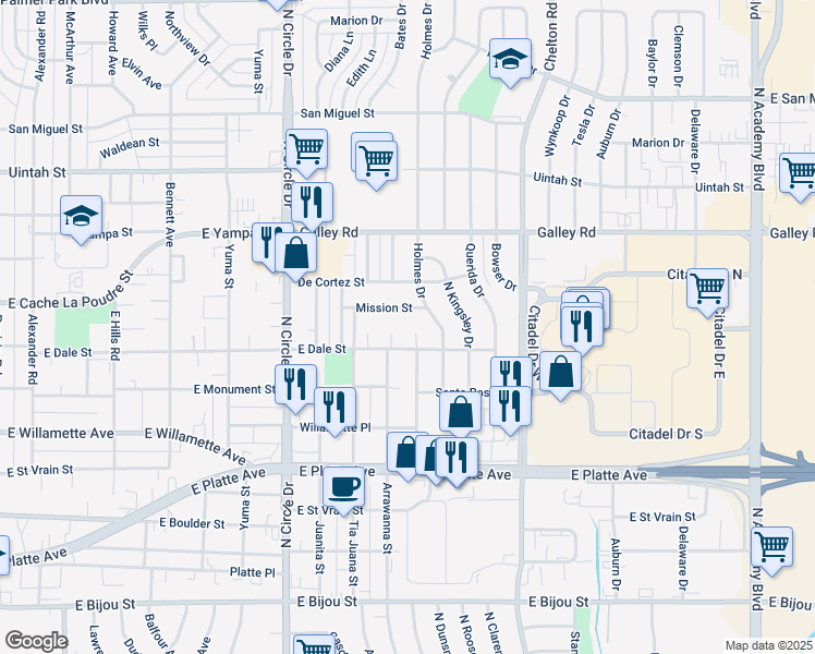 map of restaurants, bars, coffee shops, grocery stores, and more near 809 Don Juan Court in Colorado Springs